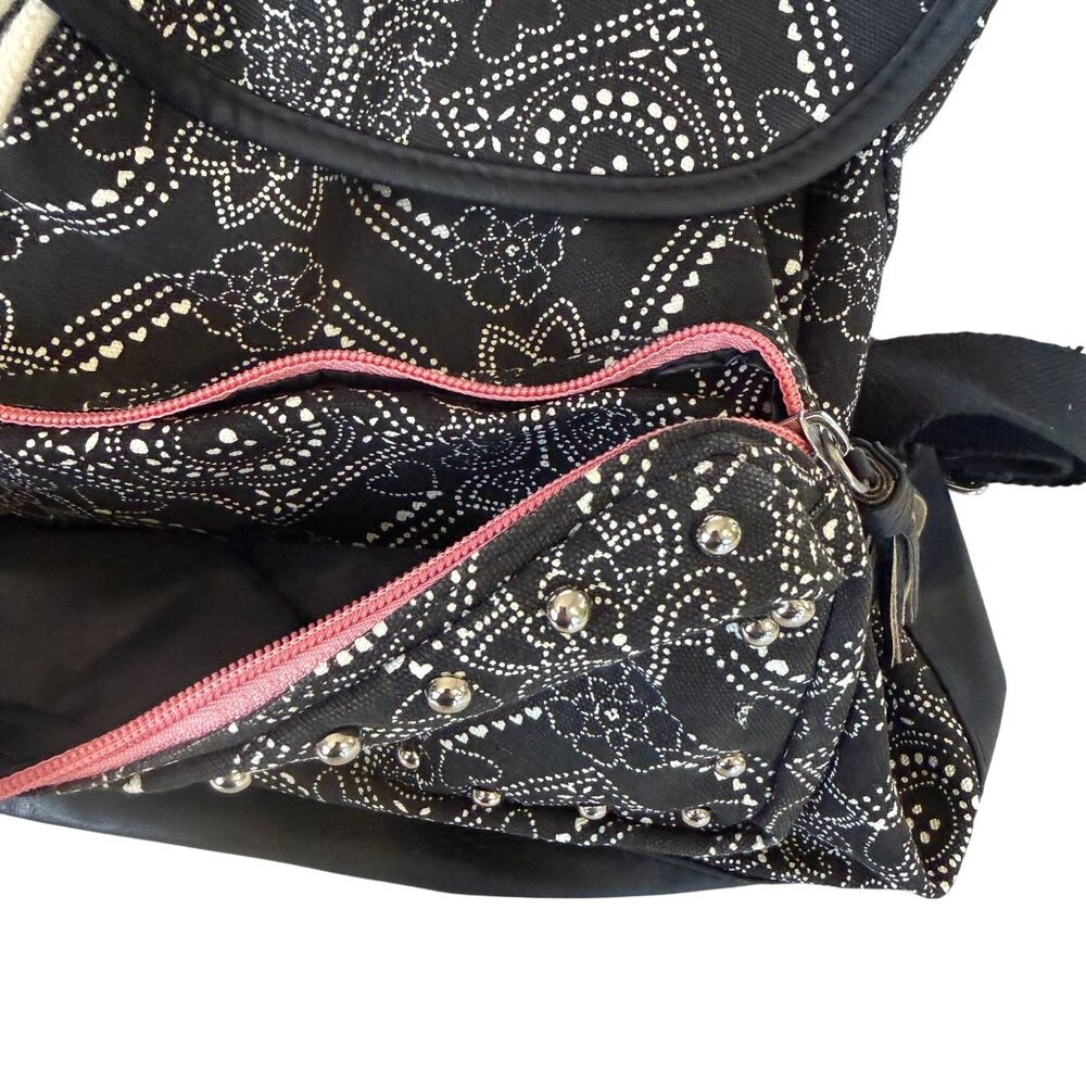 Candie's Canvas Drawstring Backpack Black Floral Dotted Purse Studded Accent - Picture 4 of 7